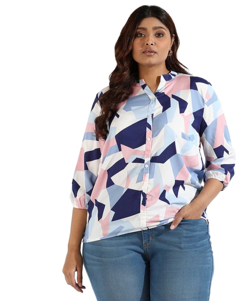 Front of a model wearing a size 3XL Women Graphic Design Stand Collar Shirts in White by Instafab Plus. | dia_product_style_image_id:294317
